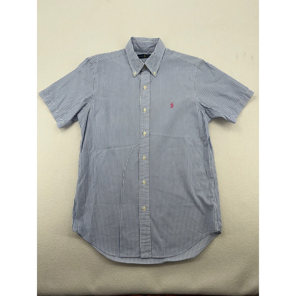 Ralph Lauren Blue White Striped Short Sleeve Button Down Shirt Pink Pony Small